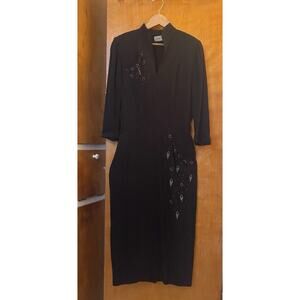 1940s Studded Black Midi Dress Crepe Shoulder Pads Rayon Post War Pinup Sz M